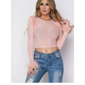 Hot and Delicious Feather Mesh Top Pink. Size L NE